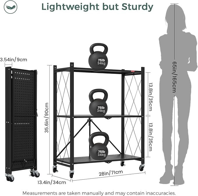 DEANIC 3 Tier Foldable Storage Shelves with Wheels, Kitchen Appliance Stand, Freestanding Metal Wire Shelf Rack, No Assembly Organizer Rolling Cart for Garage, Basement, Pantry(Black)