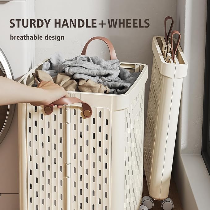 UAK Laundry Basket with Wheels, Collapsible Plastic Laundry Hamper with Handle, Foldable Laundry Basket Organizer for Laundry and Bathroom (Ivory, XXL)