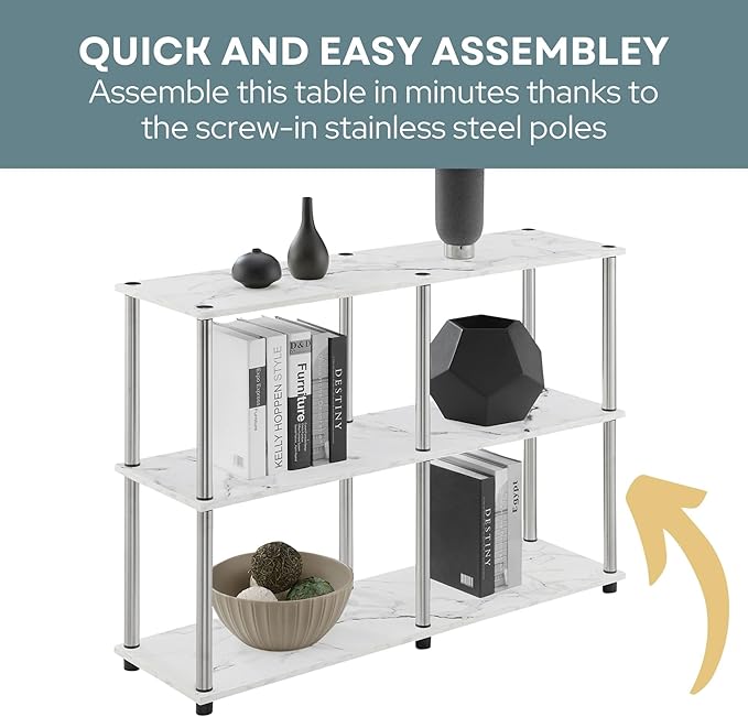 Convenience Concepts Designs2Go No Tools 3 Tier Wide Console Table 42" - Modern Accent with Shelves for TV Media Center, Office Desk Extension, Entryway Display, & Home Storage, White Faux Marble-NeatNest