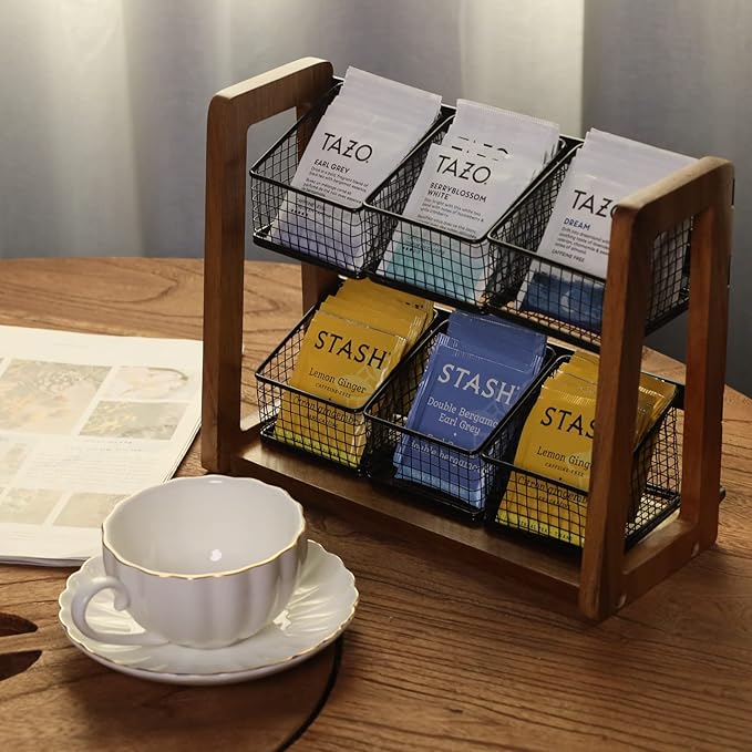 HTB 2 Tier Tea Organizer for Tea Bags, Tea Bag Holder with Acacia Wood Stand and 6 Removable Metal Basket for Sugar Packets, Sweeteners, Creamers for Cabinet, Countertop or Wall-mounted-NeatNest