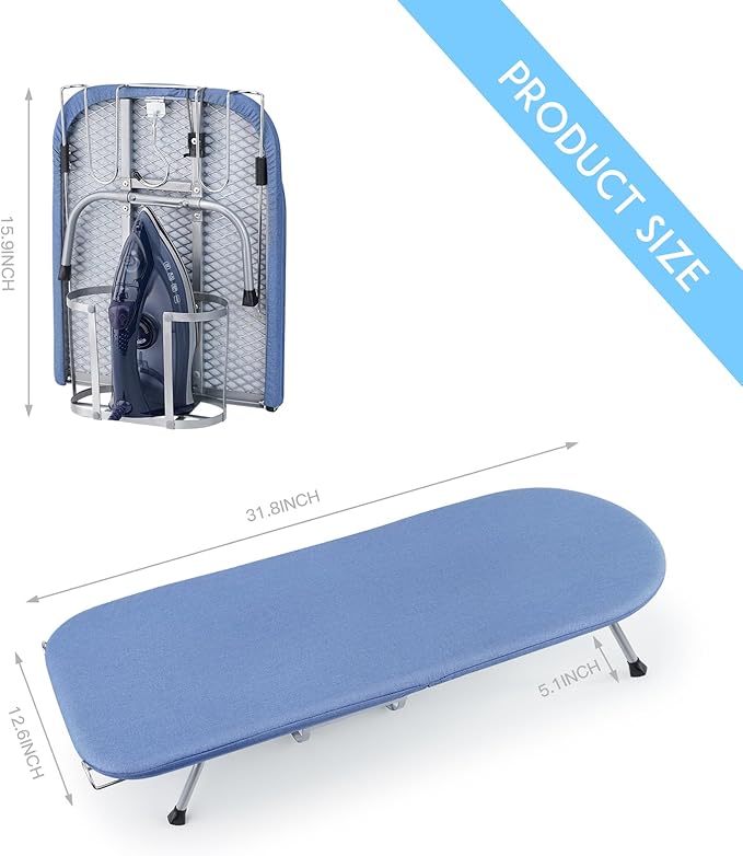 BiJun Small Ironing Board, Foldable Table Top Ompact Portable Mini Ironing Board w/Iron Rest, Set for Dorm Rooms, RVs, Travel Apartments Blue-NeatNest