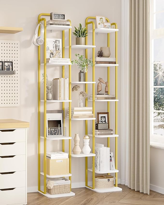 10 Tiers Vertical Shoe Rack, Narrow Shoe Tower, Tall Shoes Shelf with 2 Hooks, Adjustable Shelves, Corner Shoes Shelves for Small Spaces, Entryway, Living Room, White Gold SR11213A-NeatNest