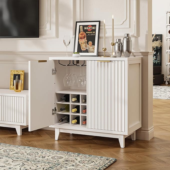 Fluted Coffee Bar Cabinet with Storage, Modern Sideboard Buffet Cabinet with Removable Wine Rack, Drawer, Adjustable Shelf, White Liquor Cabinets for Living Room, Dining Room, Kitchen, Entryway