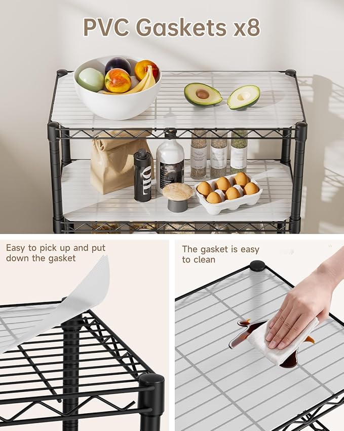 8 Tier Shelves Storage Shelf Wire Closet Bathroom Organizers Metal Pantry Kitchen Garage Shelving Unit Laundry Room Organization Home Rack Net Basket Black with Wheels 12”D X 22”W X 74.2”H