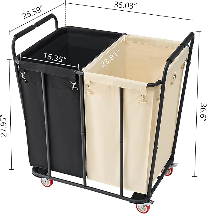 Hoctieon 2 Section Laundry Sorter Cart, 400L Rolling Hamper with Wheels, Industrial Laundry Basket Organizer, Extra Large Dirty Clothes Hamper for Home & Hotel, Heavy Duty, Black+Beige-NeatNest
