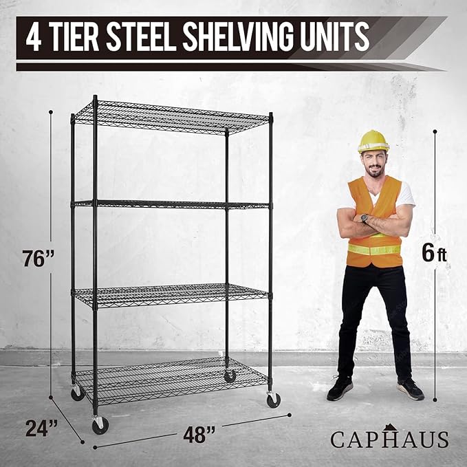 CAPHAUS 4-Tier Heavy Duty Adjustable Height Wire Shelving Unit w/Wheels & Leveling Feet, Metal Steel Shelf, Garage Shelving, Utility Rack Storage, 48" W-NeatNest