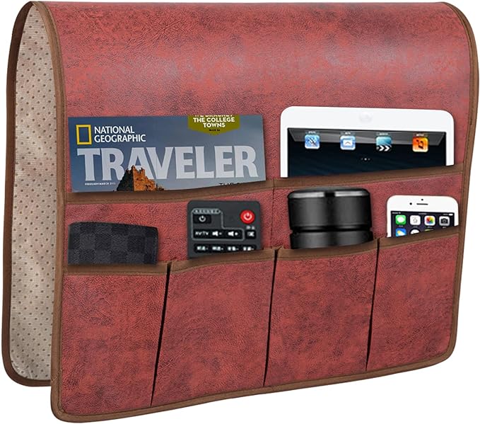 HAOMAIJIA Anti Slip Sofa Armrest Organizer Arm Chair Bedside Caddy Storage Organizer For Recliner Couch With 6 Pockets For Cell Phone Tv Remote Control Magazines (red)-NeatNest
