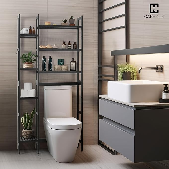 CAPHAUS Over -The -Toilet Storage Shelf,7-Tier Bamboo Bathroom Organizer Shelf Rack Over Toilet with Adjustable Feet & Hooks, Freestanding Toilet Shelf for Bathroom Laundry Balcony Plant Stand,Black-NeatNest