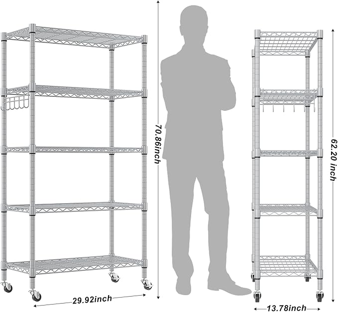 Homdox 5 Tier Adjustable Rolling Storage Shelves, Heavy Duty Wire Racks and Shelving, Metal Shelves for with Side Hooks Pantry Closet Kitchen Garage Organization, Silver Gray-NeatNest