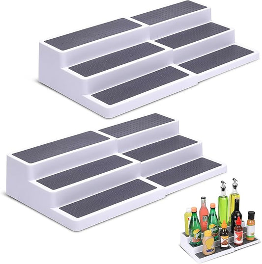 3-Tier Expandable Spice Rack, Plastic Spice Rack Organizer for Cabinet, Adjustable Length, Non-Skid Spice Shelf Organizer for Kitchen Cabinet, Countertop or Pantry, 2 Pack, White/Grey-NeatNest
