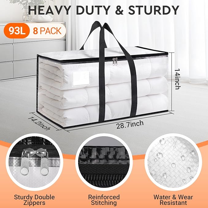 HomeHacks Clear Moving Bags Heavy Duty 8 Pack, Storage Bags with Zipper, Extra Thick Handles & Waterproof Packing Boxes for Moving, Camping, Home Organization 93L/24Gal (28.7"x14.2"x14")-NeatNest