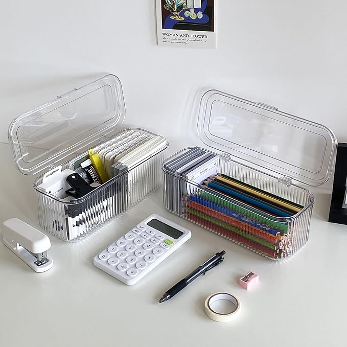 2 Pack Plastic Pencil Case with Lid, Clear Office Supplies Storage Container for Desk Drawer, Marker Pen, Crayons, School Stationery, Art and Crafts Organizer