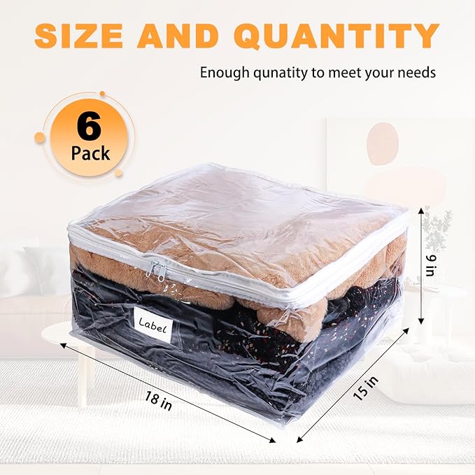 Clear Zippered Storage Bags Plastic Sweater Storage Bags with Zipper 6 Packs Clothing Organizer for Blankets Linen Sweater Bed Sheet Quilt Clothes Pillow (18 x 15 x 9 Inch)-NeatNest