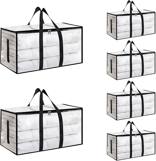 Extra Large Heavy Duty Moving Bags - Waterproof Storage Totes with Reinforced Handles & Zippers, Foldable for College Dorm Essentials, Clothes Storage & Travel (6-Pack Clear)