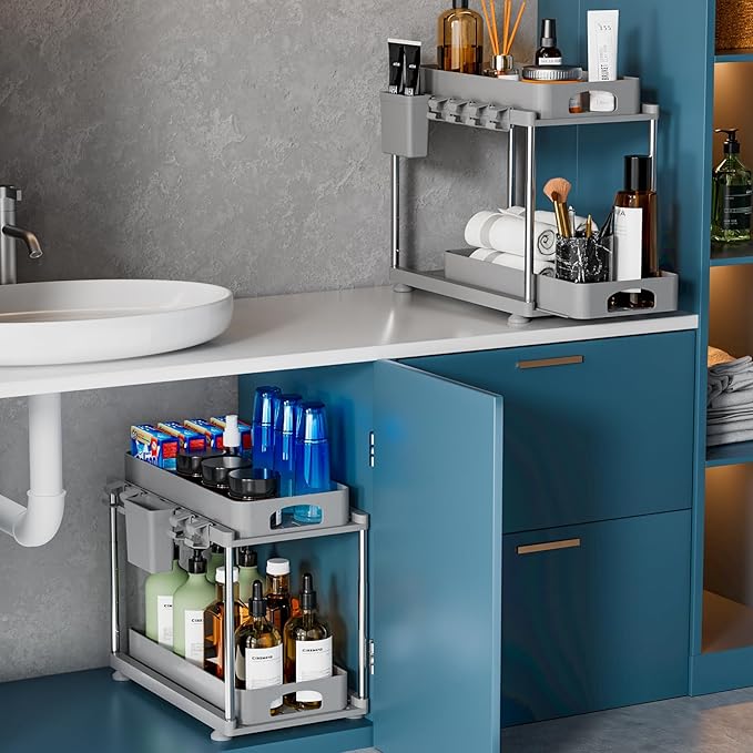 2 Pack Adjustable Gray Under Sink Organizers, 2 Tier Pull Out Storage, Kitchen Bathroom Office Laundry Room Living Room-NeatNest