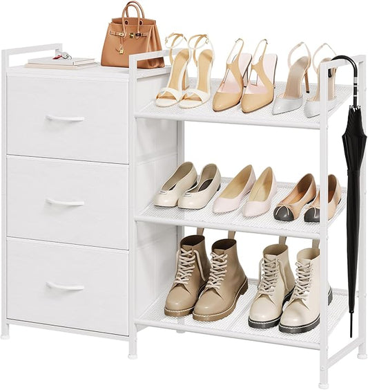 Somdot Shoe Rack, 3 Tier Shoe Organizer with 3 Drawers, Metal Shoe Storage Shelf for 6-9 Pairs of Shoes, Narrow Shoe Rack for entryway, White Leather-NeatNest