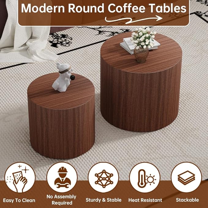 Round Nesting Coffee Table Set of 2 Modern Walnut Round Coffee Table Small End Table Side Table Circular Coffee Tables Circle Nested Coffee Tables for Living Room (Walnut)