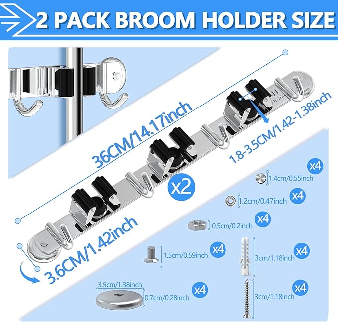 3-H Magnetic Broom Holder Wall Mounted 2 Pack, Strong Magnetic Broom Hooks 13 Inch, Heavy Duty Magnet Broom Organizer Wall Mounted, Utility Storage Tools Rack for Home Kitchen Workshop Laundry Garage