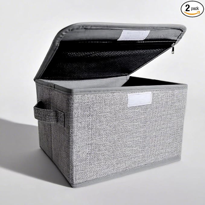 2 Pack Small Storage Box, Storage Basket with Lid, Foldable Cotton Linen Fabric Keepsake Box, Organizer Container with Zipper for Decorative, Medicine, Greeting Card Organizer.(Gray)-NeatNest