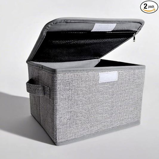 2 Pack Small Storage Box, Storage Basket with Lid, Foldable Cotton Linen Fabric Keepsake Box, Organizer Container with Zipper for Decorative, Medicine, Greeting Card Organizer.(Gray)-NeatNest