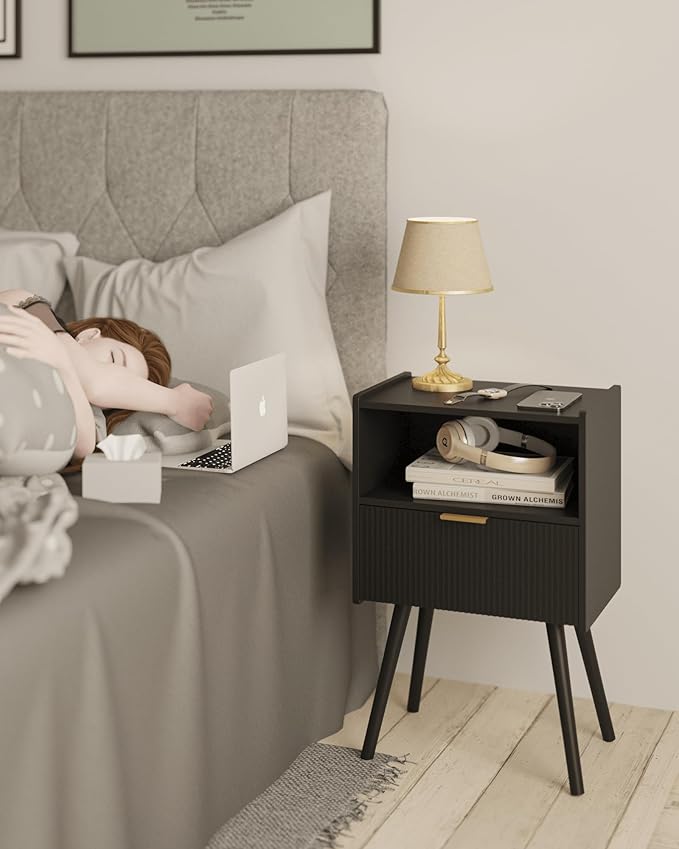 Black Nightstand,Modern Bedside Table with Storage Drawer and Open Wood Shelf, for Living Room, Bedroom and Small Spaces, Accent Night Stand with Solid Wood Legs, Easy Assembly,Classic Black-NeatNest