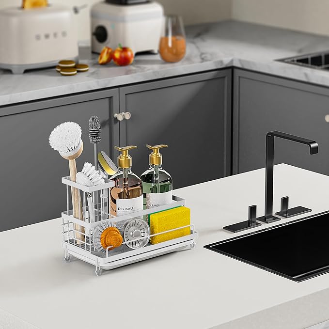 Cisily Kitchen Sink Caddy Organizer, Sponge Holder for Kitchen Sink Rustproof 304 Stainless Steel, Non-Slip Soap Dish Dispenser Brush Holder Storage, Home & Kitchen Essentials Accessories-NeatNest