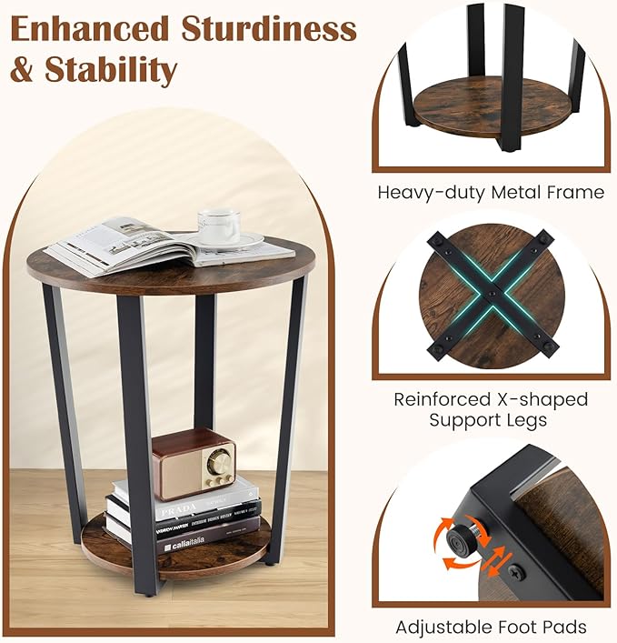 Giantex Round End Table, 2-Tier Side Sofa Table with Open Storage Shelf and Metal Frame, Industrial Nightstand Bedside Table for Living Room, Bedroom, Small Space, Accent Furniture, Rustic Brown