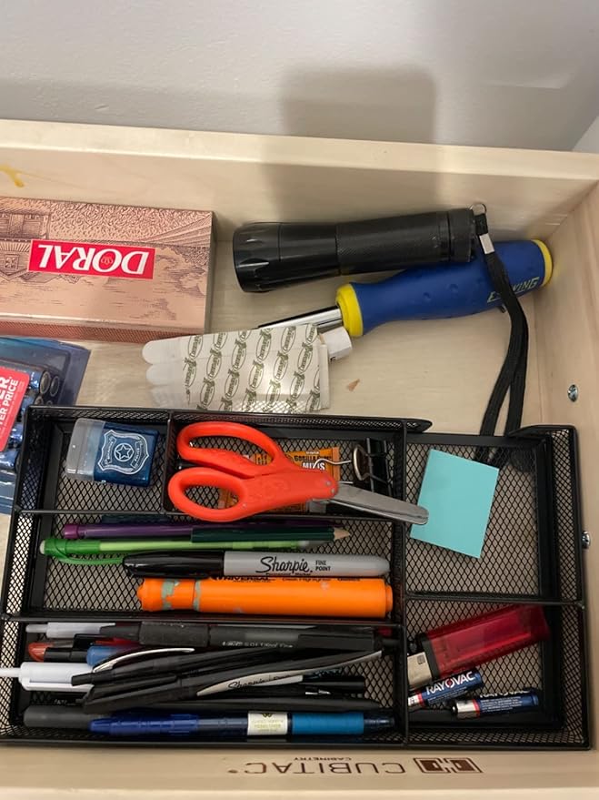 Desk Drawer Organizer Tray, Metal Mesh Drawer Office Drawer Organizer w/6 Compartment, Small Desk Organizer Tray for Home Office School Supplies, Desktop, 11X 6 X 1.45in, Black-NeatNest