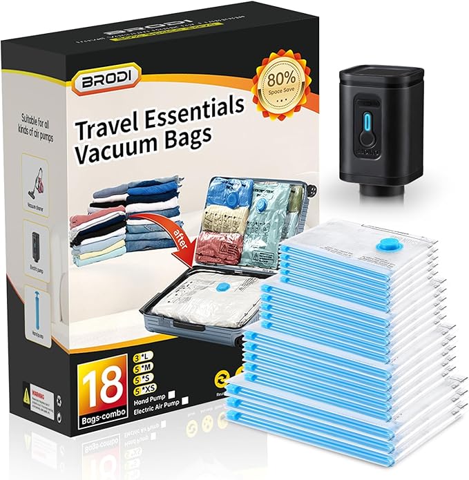 BRODI 18 Combo Pack Travel Vacuum Bags with Pump - Space Saver & Travel Essentials, Clothing & Luggage Vacuum Seal Bags-NeatNest