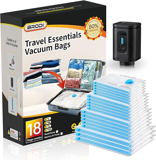 BRODI 18 Combo Pack Travel Vacuum Bags with Pump - Space Saver & Travel Essentials, Clothing & Luggage Vacuum Seal Bags-NeatNest