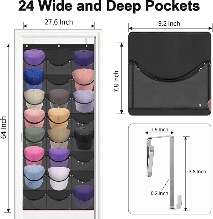 Hat Rack for Baseball Caps, 24 Pocket Over the Door Hat Organizer with 3 Hooks, Hat Holder for Door with Large Clear Pockets, Hat Storage to Protect and Display, Black - 1 Pack-NeatNest