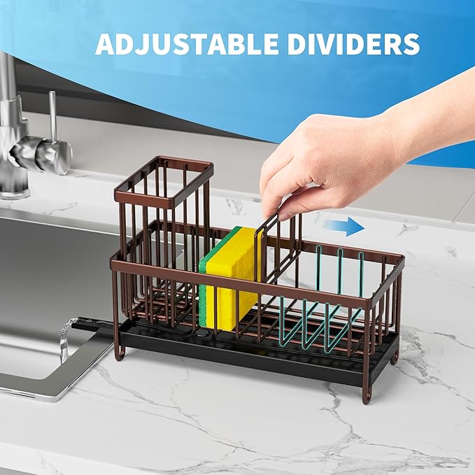 Cisily Brown Sponge Holder for Kitchen Sink, Sink Caddy Organizer with High Brush Holder, Kitchen Countertop Organizers and Storage Essentials, Rustproof 304 Stainless Steel, Soap Dispenser Organize-NeatNest