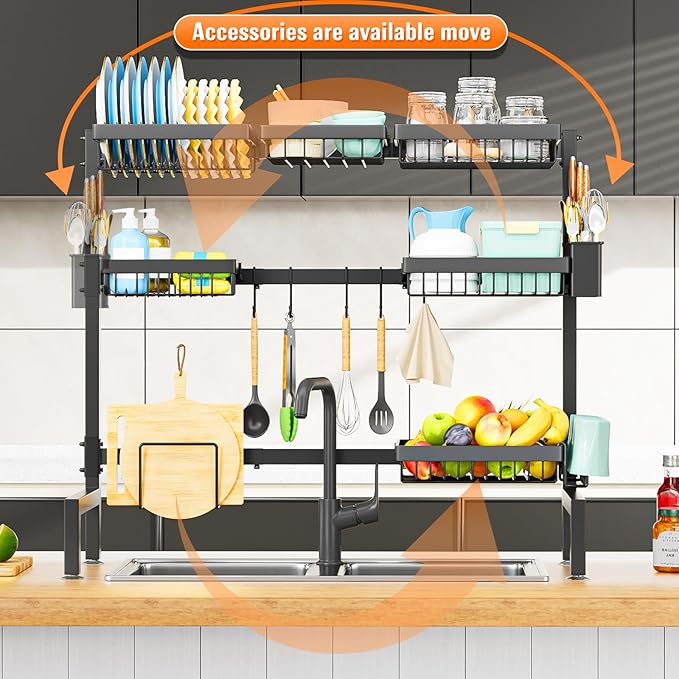YKLSLH 3 Tiers 6 Baskets Over The Sink Dish Drying Rack Extendable (24.8 "-35.4"), Large Dish Drying Rack, Kitchen Cutlery Drainer Metal Storage Counter Rack