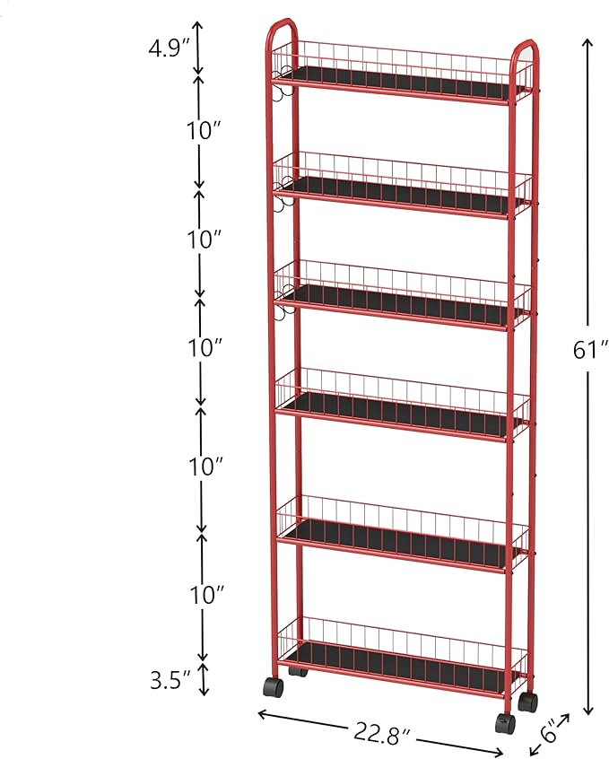 6 Tier Slim Storage Cart with Wheels Metal Rolling Organizer Utility Cart Narrow Mobile Shelving Unit Tiered Storage Shelf on Wheels for Kitchen Bathroom (Red, 6")