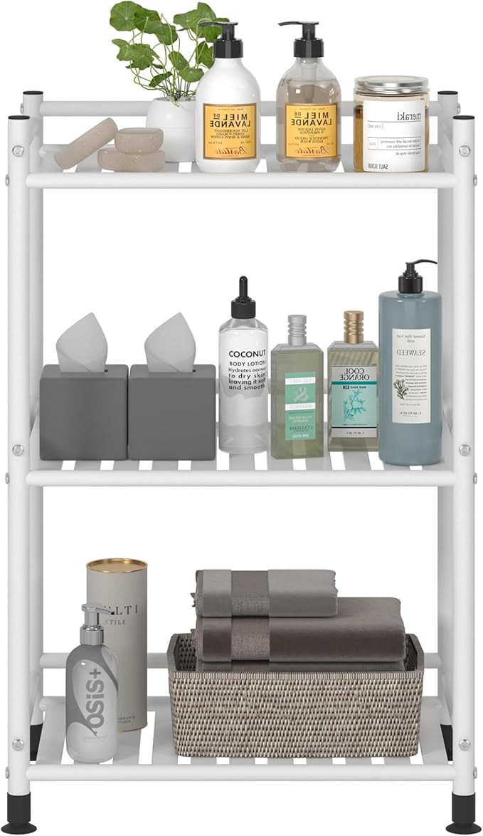 3 Tier Bathroom Storage Open Shelf Unit, Free-Standing Metal Corner Rack Shelving for Kitchen, Living Room, Hallway (White, Wider 3 Tier)-NeatNest