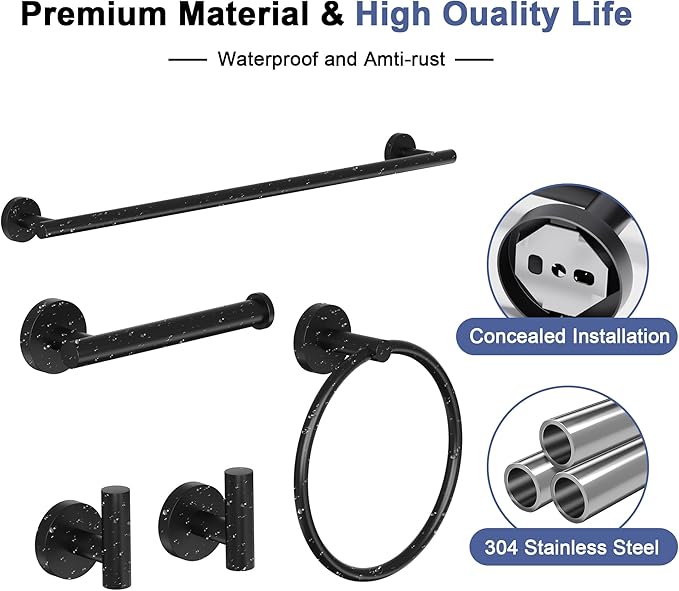 Matte Black Bathroom Hardware Set, 18 Inch SUS304 Stainless Steel Bath Towel Bar Set, Bathroom Accessories Set, Towel Rack, Towel Ring, Toilet Paper Holder, Robe Towel Hooks, 5-Pieces