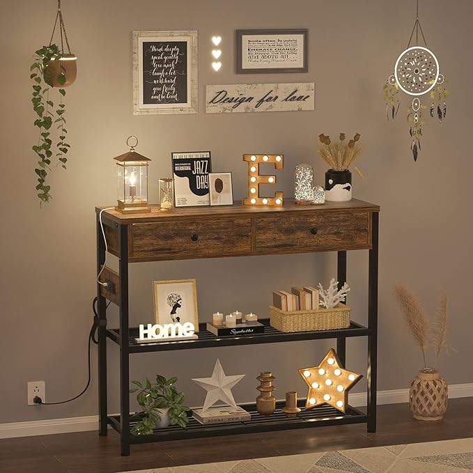 Ecoprsio Entryway Table with Outlets and USB Ports, Console Table with 2 Drawers, Small Sofa Table with Storage Shelves for Living Room, Couch, Hallway, Foyer, Kitchen Counter, 32'', Rustic-NeatNest