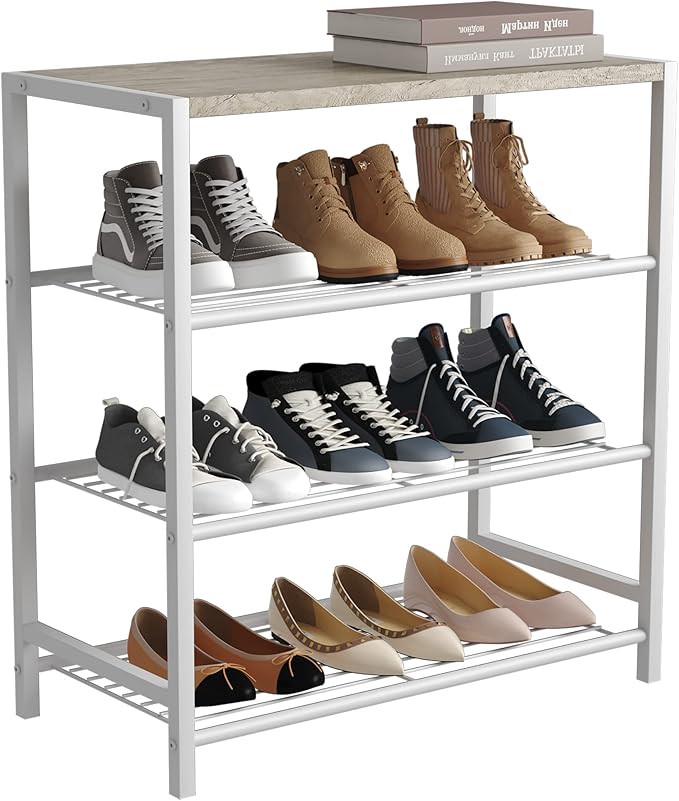 HOMEFORT 4-Tier Shoe Rack, Modern Industrial Shoe Storage Tower, Narrow Shoe Organizer for Closet Entryway, Small Shoe Rack Table with Durable Metal Shelves and MDF Top, White Oak-NeatNest