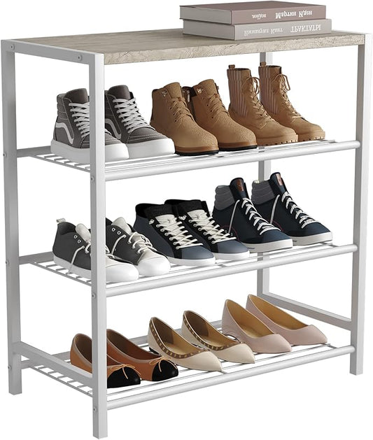 HOMEFORT 4-Tier Shoe Rack, Modern Industrial Shoe Storage Tower, Narrow Shoe Organizer for Closet Entryway, Small Shoe Rack Table with Durable Metal Shelves and MDF Top, White Oak-NeatNest