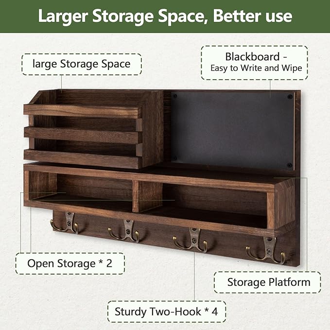 Key Holder for Wall, Wall Mounted Mail Holder Wooden with Shelf & 3 Liquid Chalks & Chalkboard, Mail Sorter Organizer, Rustic Home Decor - Entryway Living Room (15.98”W x 9.1”H x 3.3”D), Brown