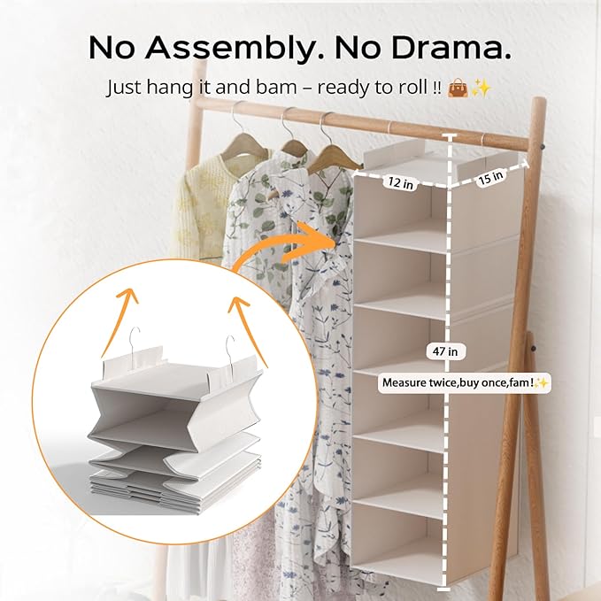 Extra Deep Hanging Closet Organizer with Shelves and Oversized Mesh Pockets, Heavy-Duty Structure, No Deformation, Max Storage for Clothes, Shoes, Hats, Dorms and RVs,1-Pack (White, 6 Tier)-NeatNest
