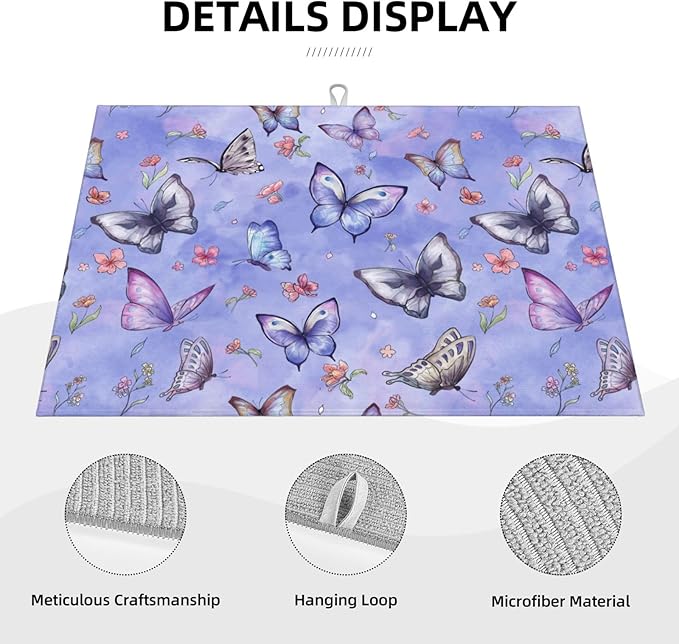 Butterfly Dish Drying Mat for Kitchen Counter Cute Kitchen Mat Microfiber Kitchen Countertop Absorbent Reversible Drainer Rack Pad Dish Drying Mat 18 x 24 Inch-NeatNest