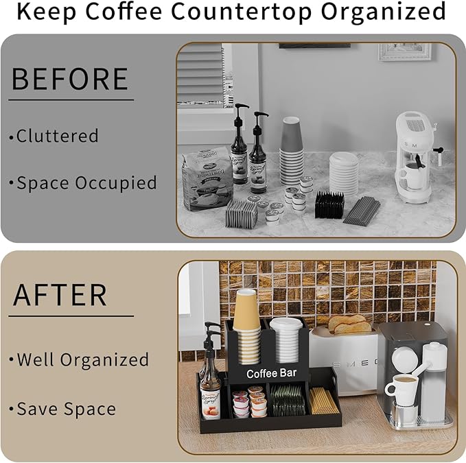 Coffee Station Organizer, Wooden Coffee Bar Organizer for Countertop, Condiment and Cup Storage Organizer, Bar Accessories for Kitchen, Office, Home, Black-NeatNest