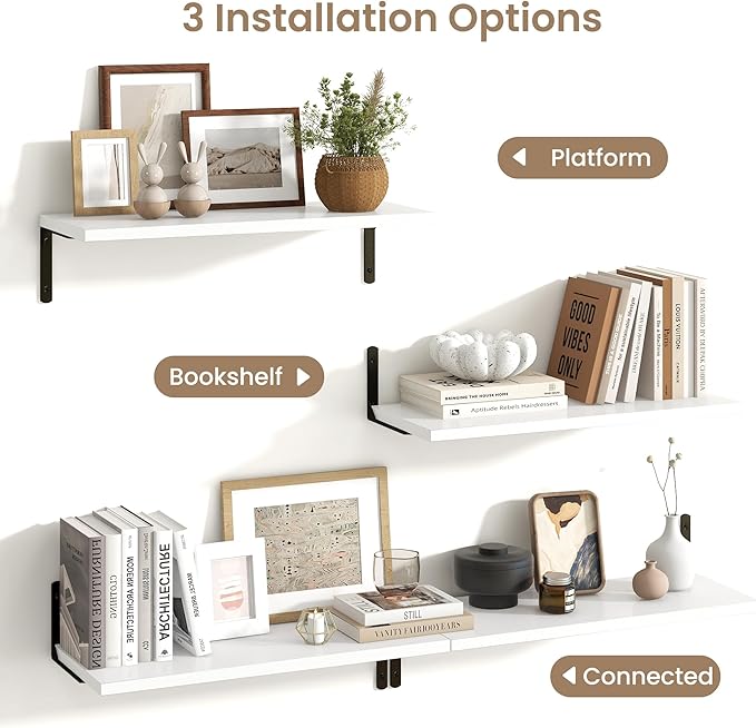 Fun Memories Deep Floating Shelves, 24W x 8D Floating Shelves Set of 2, Wall Mounted Shelf with Metal Brackets, Rustic Wood Wall Shelf for Bathroom, Kitchen and Living Room, White-NeatNest