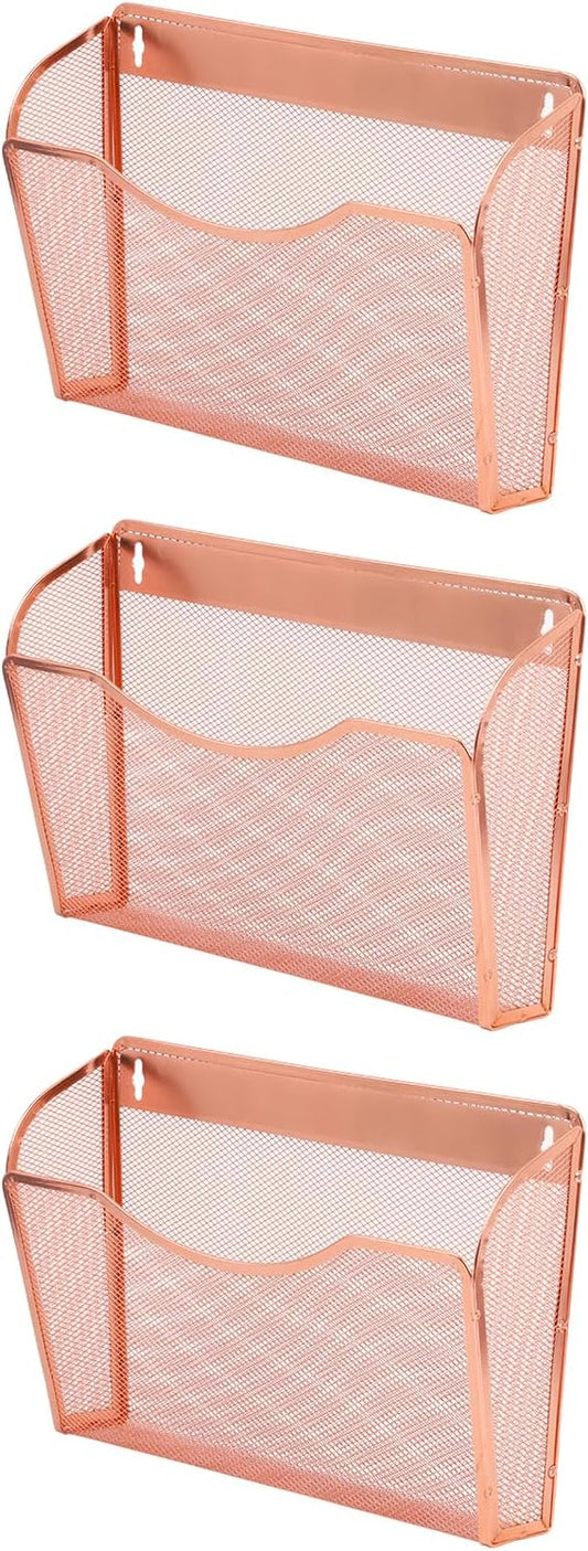 EASEPRES 3 Single Pocket Mesh Hanging File Organizer, Vertical Wall Mounted Magazine File Holder, Mount Basket Mail Paper Document Folder Organizing for Office, Home and School, Rose Gold