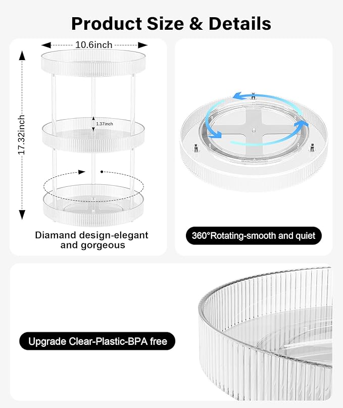 3-Tier Lazy Susan Bathroom Countertop Organizer, 360° Clear Rotating Storage Tray, Cosmetics and Perfume Organizer, Spinning Storage Tray Vanity Organizer Shelf for Bathroom Cabinet, Kitchen(Medium)-NeatNest