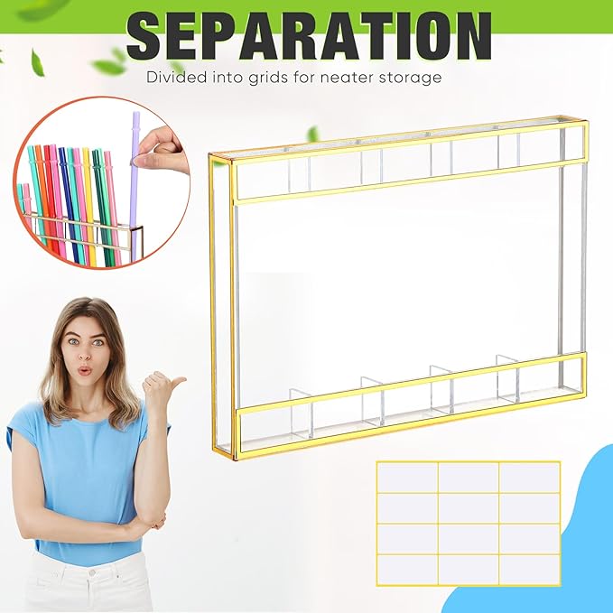 Acrylic Straw Holder for Cabinet Door with Double Sided Adhesive Tape Reusable Straw Organizer Tumbler Storage Kitchen Accessories Container for Counter Cupboard(Gold Trim,Large,Clear)