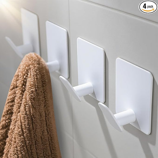 DELITON 4 Pack Adhesive Towel Hooks - White Heavy Duty Self Adhesive Hooks Stick on Wall Hanging Robes Coats Clothes for Bathroom Bedroom Kitchen Door, Stainless Steel-NeatNest