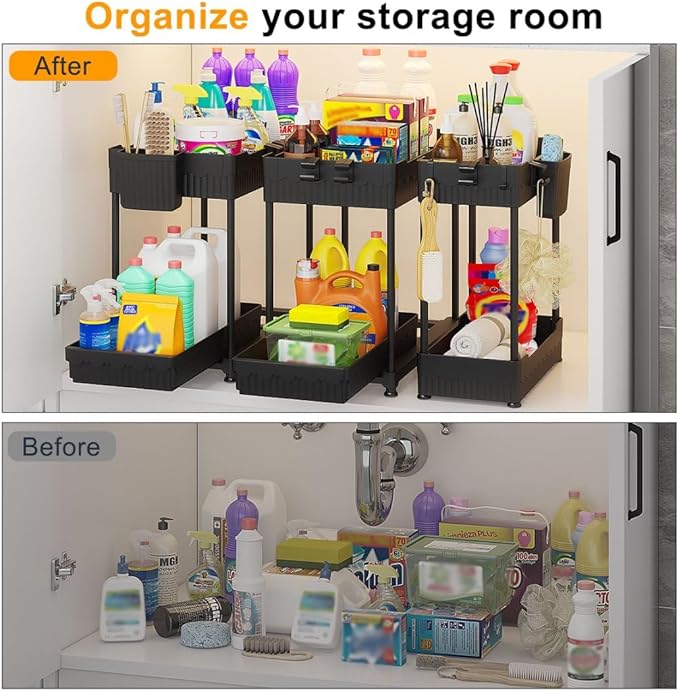 3 Pack Under Sink Organizers, 2-Tier Multi-Use Kitchen and Bathroom Organizers and Storage with Sliding Drawers，Bathroom Cabinet Organizer (Black, 12.8 Inch)-NeatNest