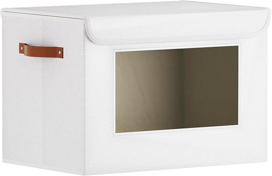 Clothes Boxes, Decorative Linen Closet Organizers Bins, Blanket Baskets for Shelves with Lids, Storage Cubes with Handles, 17.7 x 11.8 x 11.8 inch, White, 1-Pack-NeatNest
